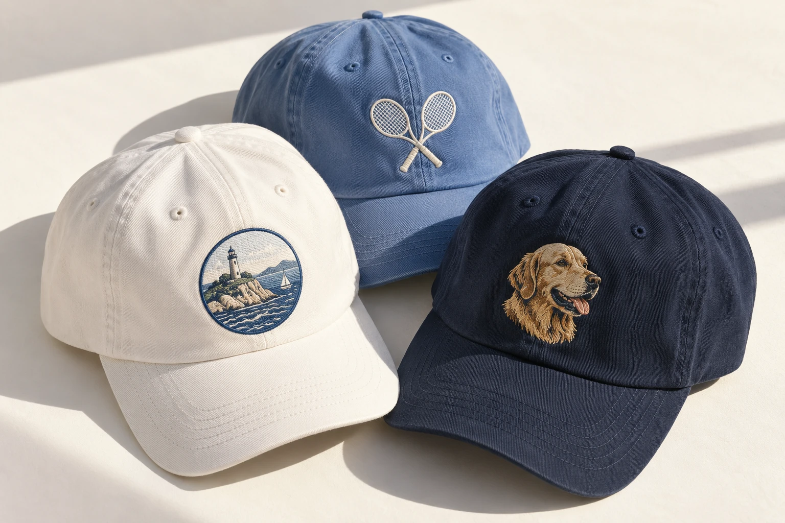 White, blue and navy caps with lighthouse, tennis and dog embroidery